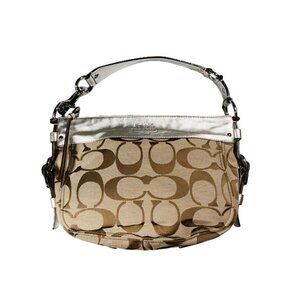 Coach Signature Jacquard  and Metallic Silver Trim Shoulder Purse